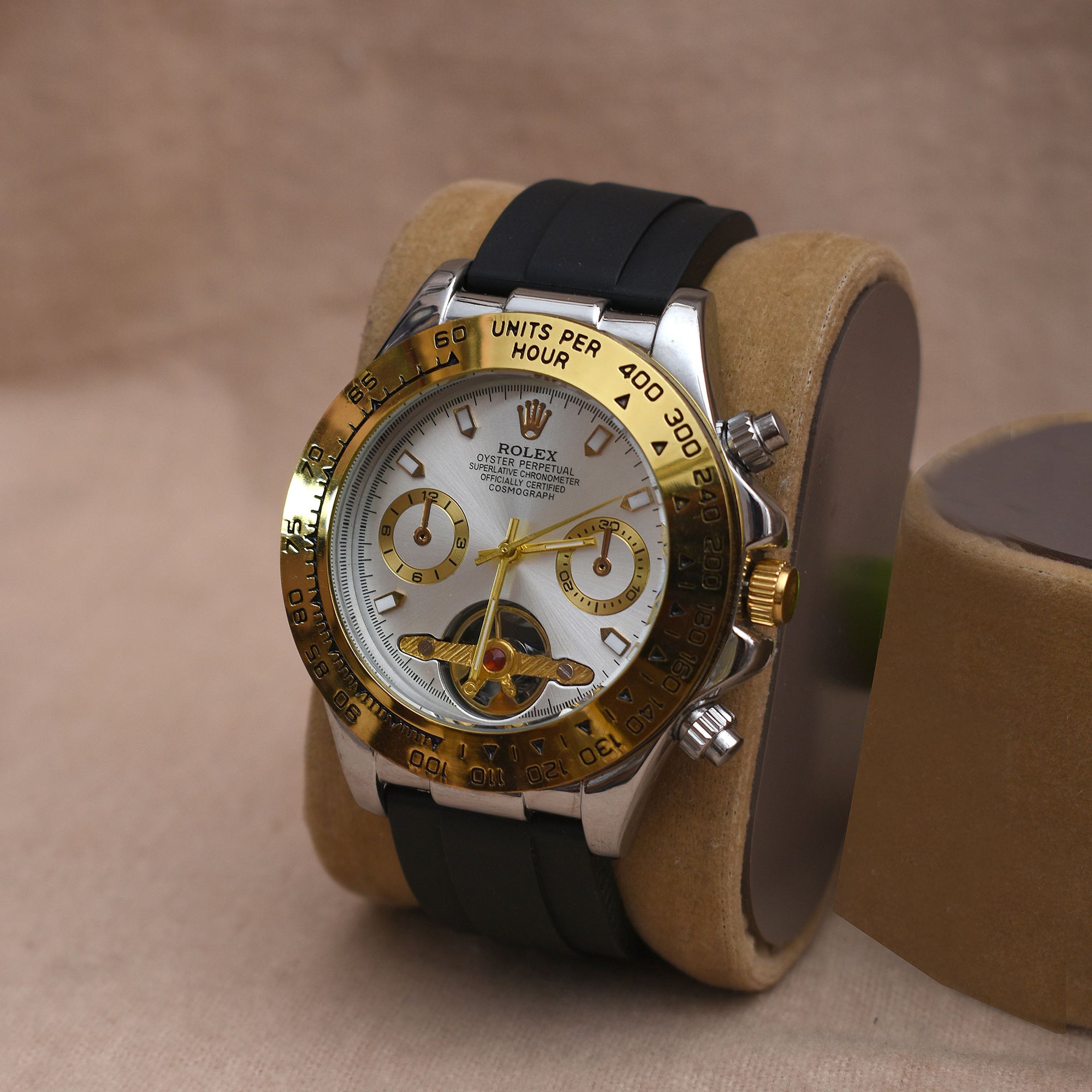 Rolex Daytona Silver Dial Automatic Watch – Gold Bezel & Rubber Strap